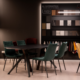 Showroom con tavolo in ceramica scura, sedie in velluto verde e giallo e parete materioteca con campioni di materiali